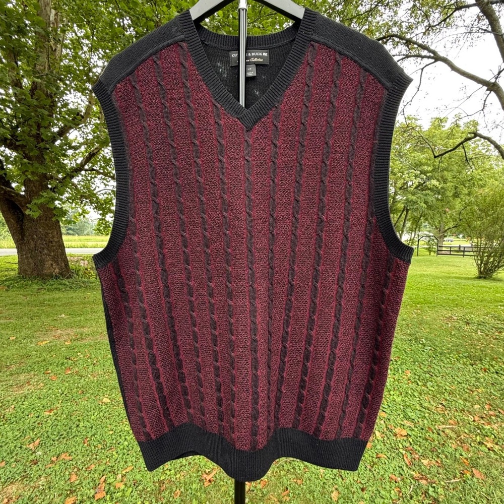 Cutter & Buck Mens Merino Wool V-Neck Sweater Vest Burgundy Black Cable Knit L
